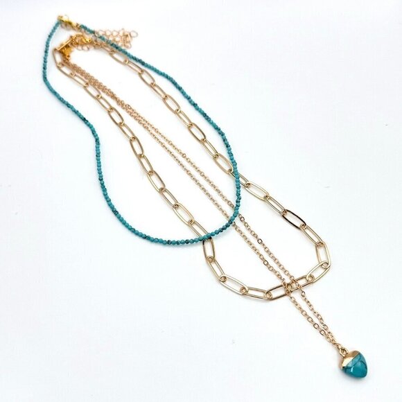 NWT Layered Heart Pendant Necklace Set 3PCs 14K Gold Plated Turquoise Boho - Picture 3 of 9